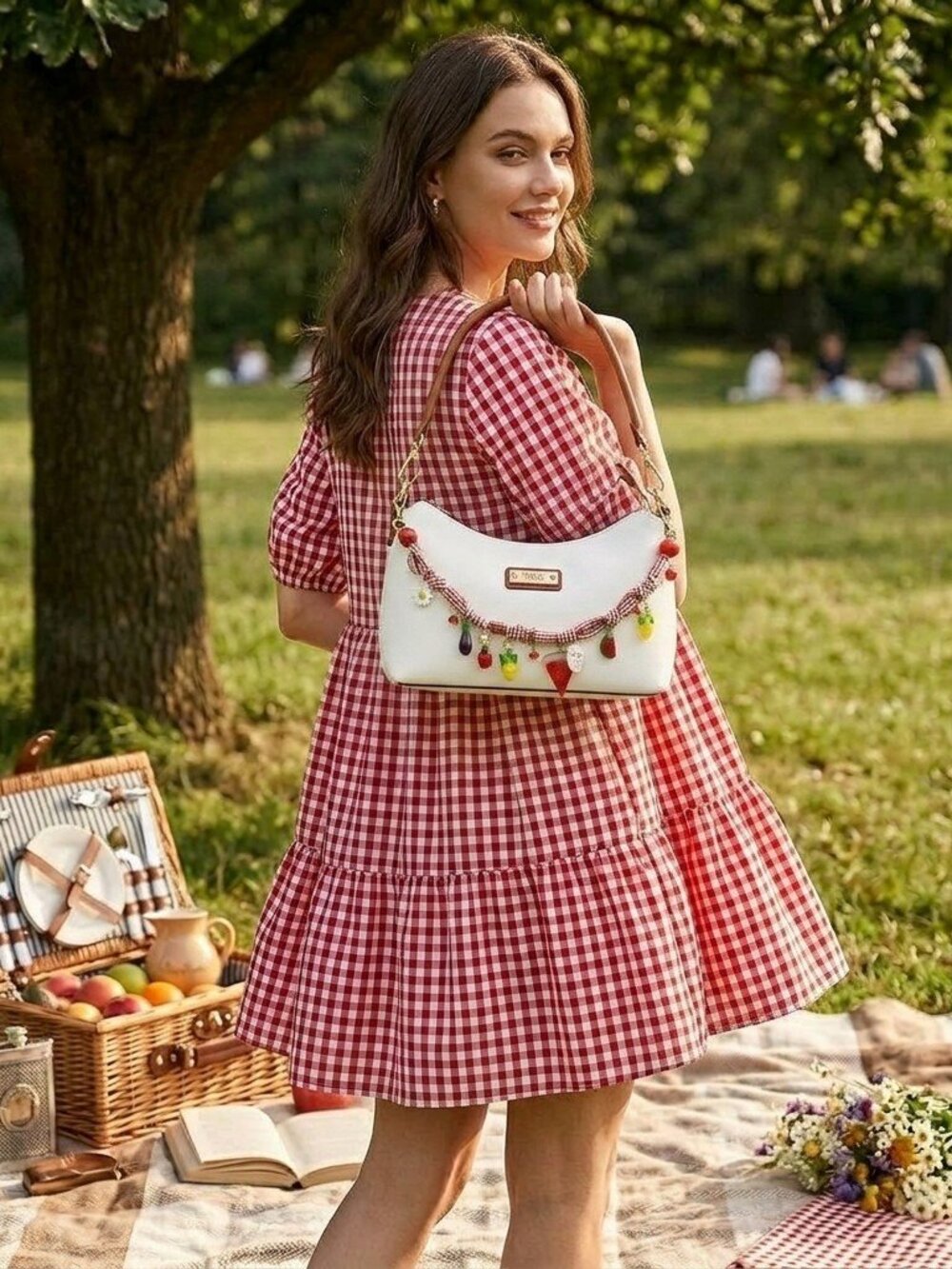 Cherry Picnic Charm Hobo Bag-Avail in White, dusty blue, light pink, and Lavende